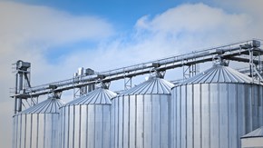 Rad med stora silos för lagring av spannmål.